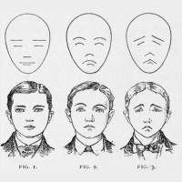 Gravura com três rostos que expressam emoções distintas