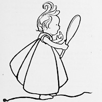 Line drawing of a little Victorian-era girl looking into a hand-held mirror.