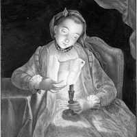 Drawing of a young woman reading a letter by candlelight.