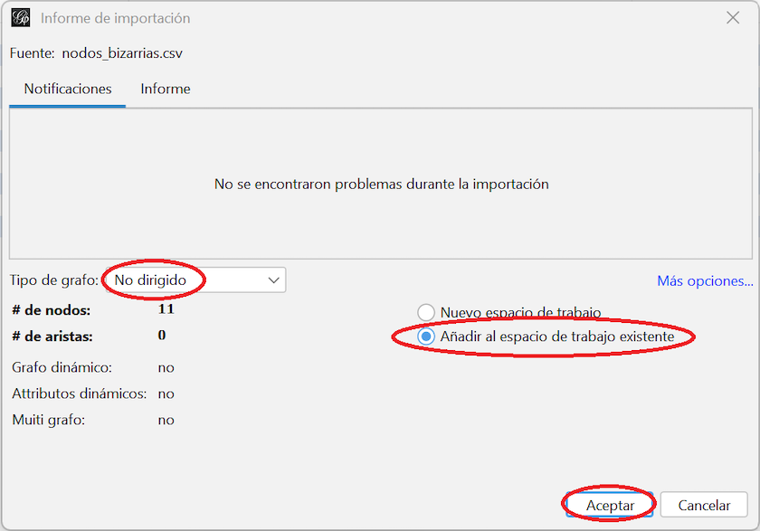 Captura de pantalla de la ventana con el informe de importación de la lista de nodos