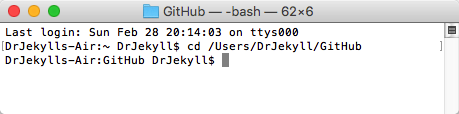 The author's computer after entering cd, followed by a space, followed by the file path to their GitHub folder