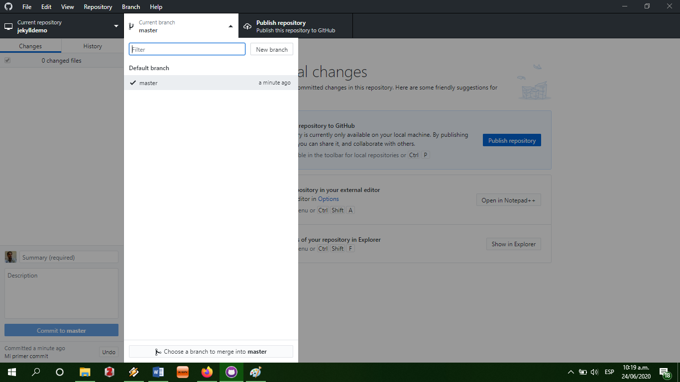 Captura de pantalla de GitHub Desktop en Windows.