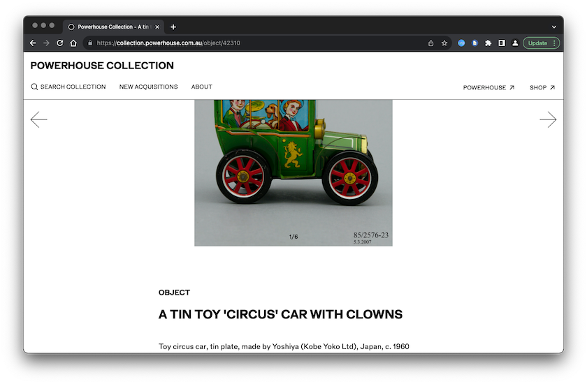 Figure 1: Screenshot of a Sample Object on the Powerhouse Museum Website