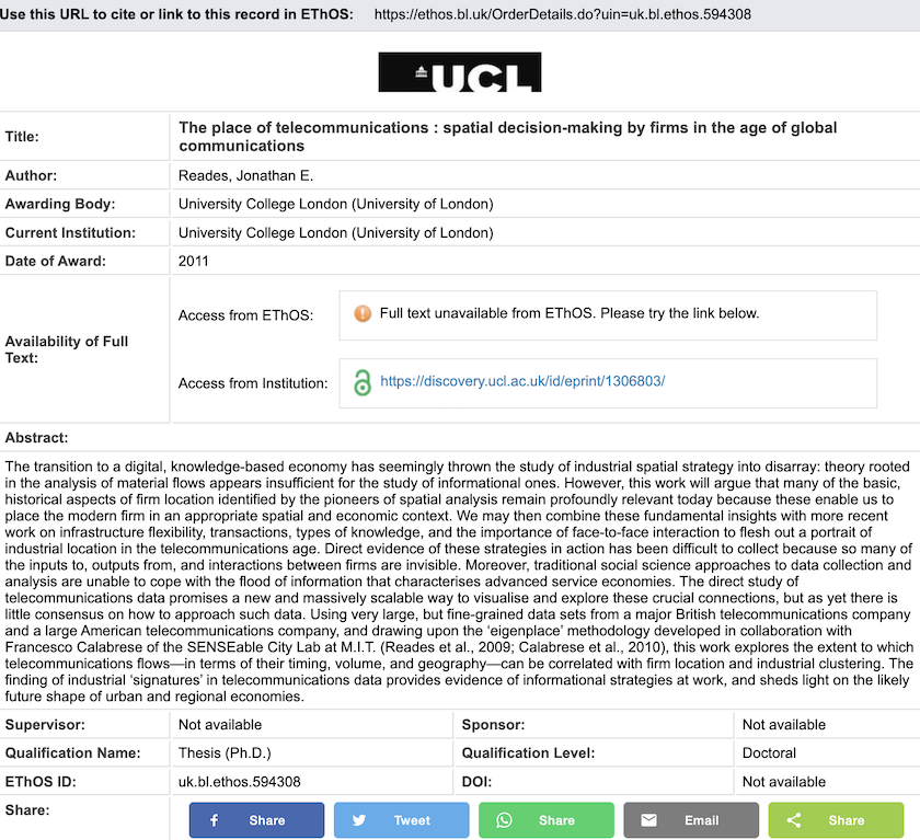 Screenshot of EThOS web interface showing the kinds of information available in the EThOS metadata and the dominant way of interacting with this data set.