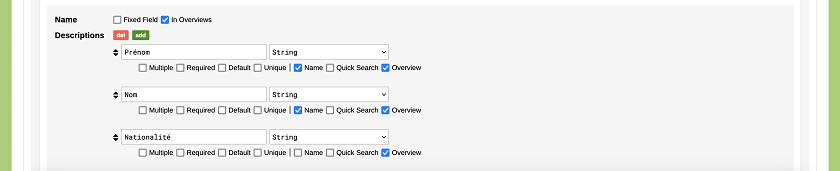 Les cases des attributs Prénom et Nom, avec l’option Name activée.