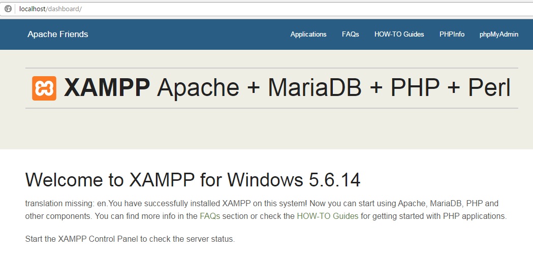 Pantalla de inicio (dashboard) de XAMPP