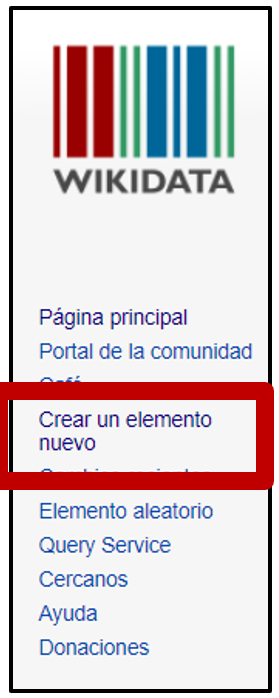 Menú del lado izquierdo de la página principal de Wikidata con el apartado para crear un elemento nuevo