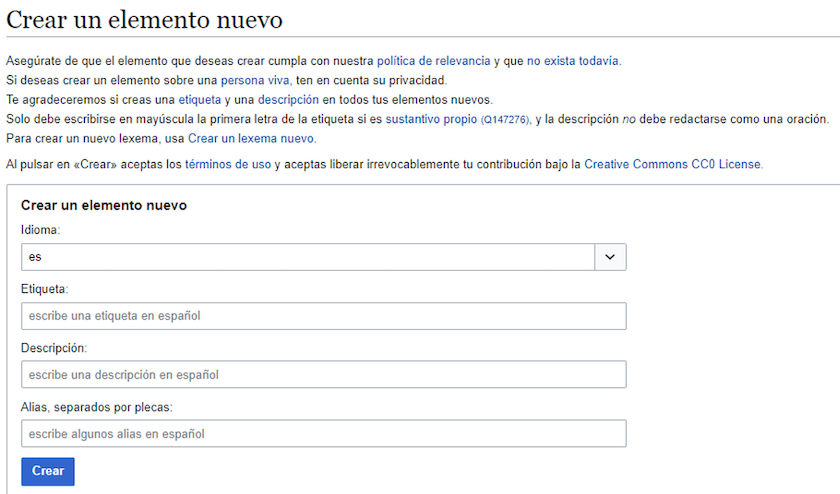 Plantilla inicial para crear un elemento nuevo en Wikidata con los campos de 'idioma', 'etiqueta', 'descripción' y 'alias'