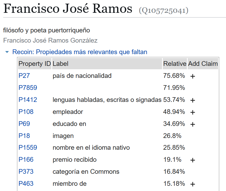 Lista de propiedades relevantes para la descripción de una persona según la herramienta Recoin