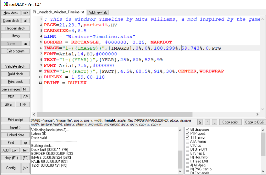 In between the top window of instructions and the bottom window of the program's log is text that begins, IMAGE=range, image file, pos x, pos y, width, and then the word 'height' in bold, followed by other variables. In the top window, the mouse cursor is resting on the sixth instruction line, over the number 60%, which we now understand as indicating the image's height.