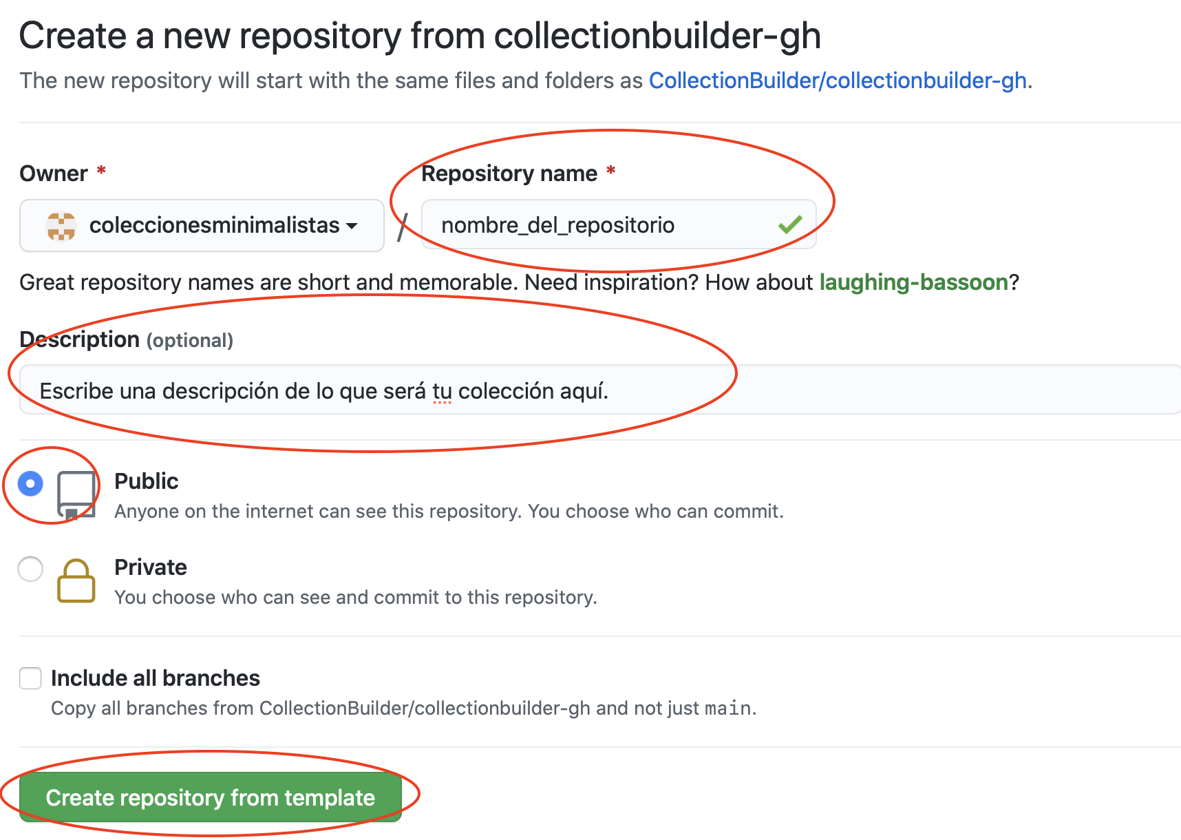 Imagen de los campos a rellenar para clonar el repositorio.