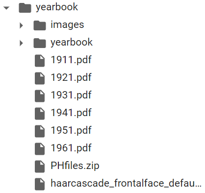 Google Colab directory listing showing folders and files contained in sample yearbook directory.