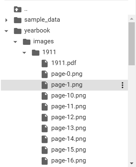 Google Colab directory listing .png images for the 1911 yearbook created by PyMuPDF’s get_pixmap function and nested in the 1911 subdirectory.