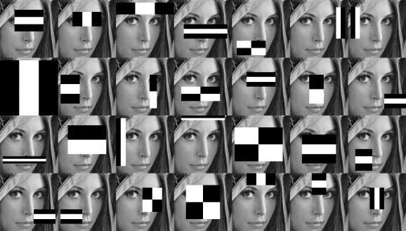 Repeated images of a woman’s face. Each image is covered by different black and white stripes and checkerboards and represents Haar Cascades passing over images to look for patterns in pixel hue densities.