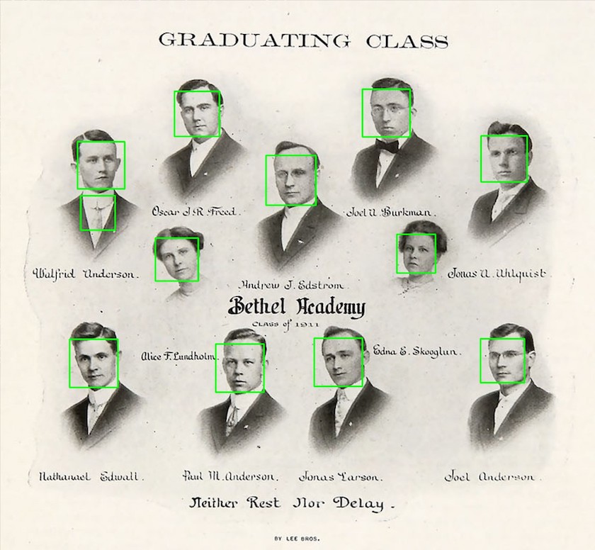 A page from the 1911 Bethel Academy yearbook showing the busts of nine men and two women posing for a portrait. Each face, as well as one man's tie, is captured inside a bounding box.