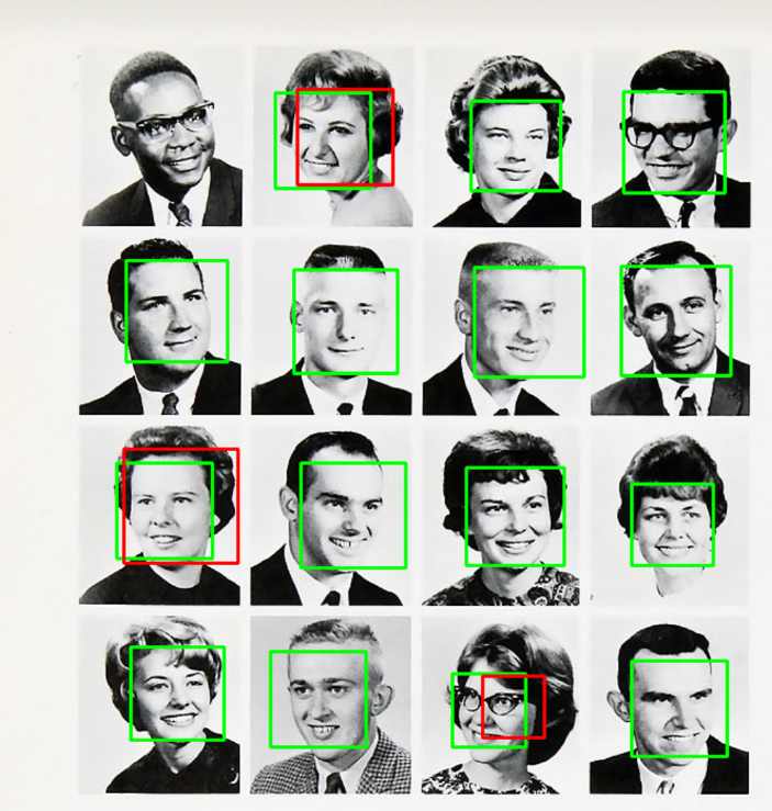 A page from the Bethel College yearbook in the 1960s featuring multiple people on a single page. All of the White faces have been captured by bounding boxes, but the single photo of a Black man has not.