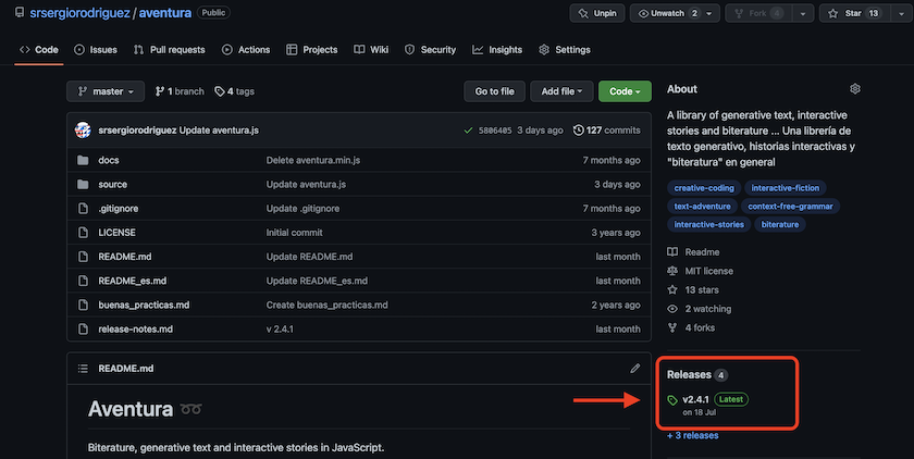 Captura de pantalla de la interfaz de github que indica el lugar donde se encuentra el enlace a los lanzamientos o 'releases' de la librería: la columna derecha, justo debajo de la palabra releases