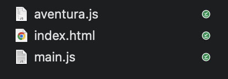 Captura de pantalla del buscador o 'finder' del sistema operativo mac que indica los archivos que se deben tener en el proyecto: index.html, aventura.js y main.js