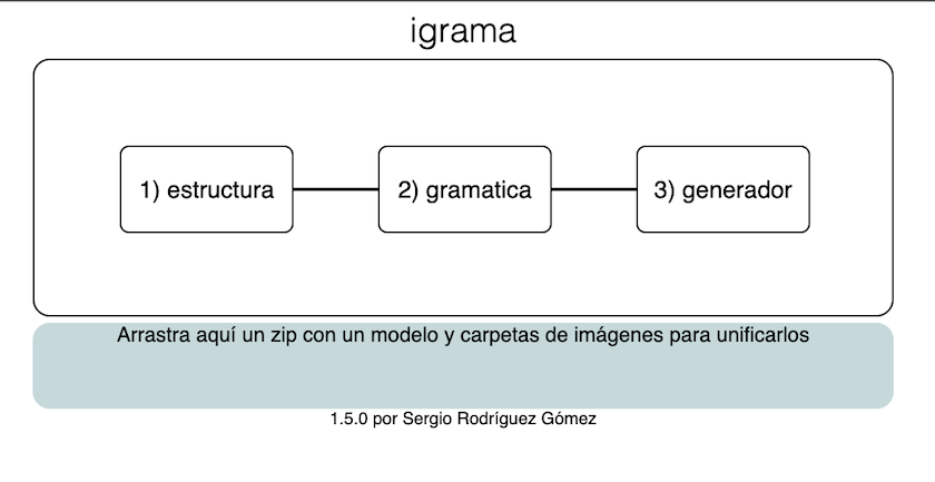 Una captura de pantalla de la interfaz de igrama: contiene tres botones que llevan a las secciones del software: estructura, gramatica y generador