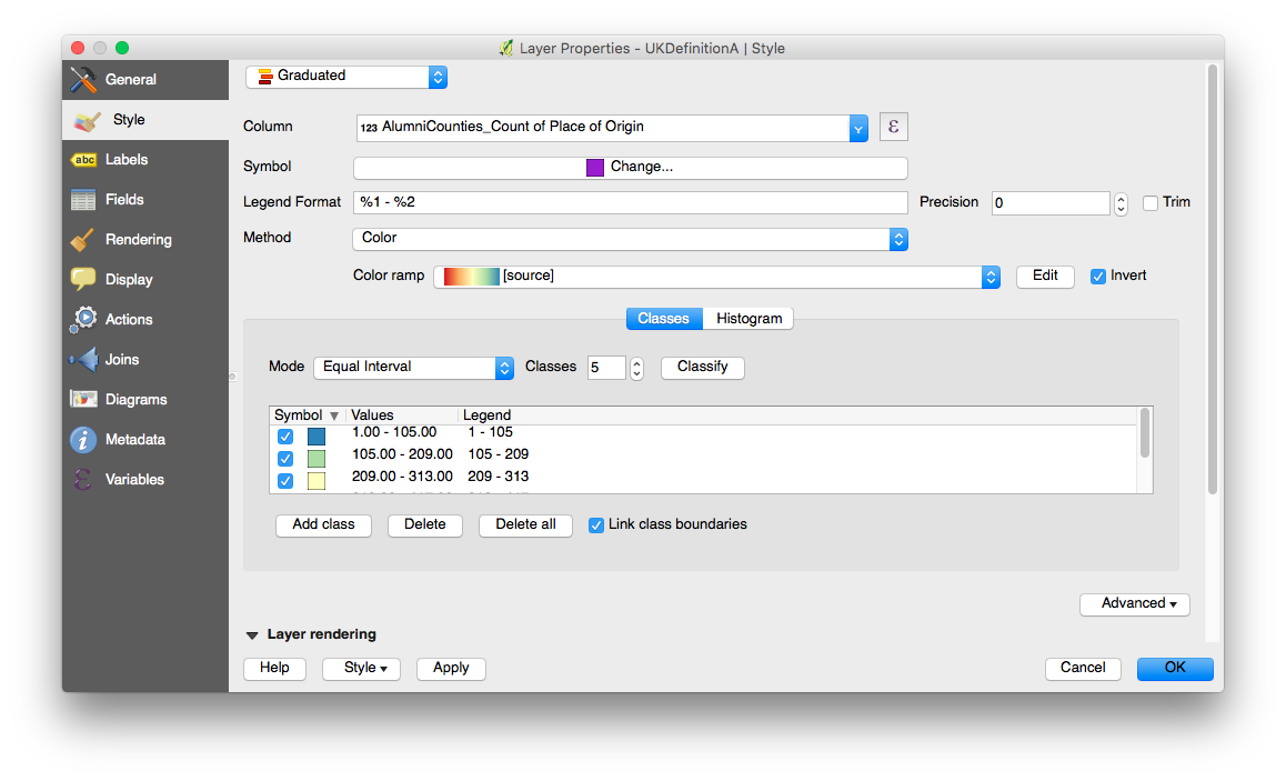 Figure 3: The vector layer Styles tab showing classified values based on the field joined from the table