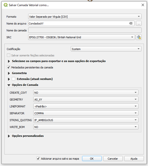 Janela Salvar Camada Vetorial como... estando escolhido o formato Valor Separado Por Vírgula (CSV), o nome do arquivo CondadosXY e o SRC EPSG: 27700 - OSGB36 / British National Grid.