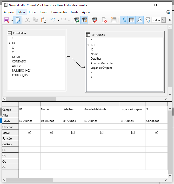 Janela Geocod.odb: Consulta1 - LibreOffice Base: Editor de consulta', que mostra uma tabela relacional e a consulta realizada.