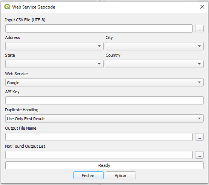 Janela do Serviço Online de Geocodificação do plugin MMQGIS.