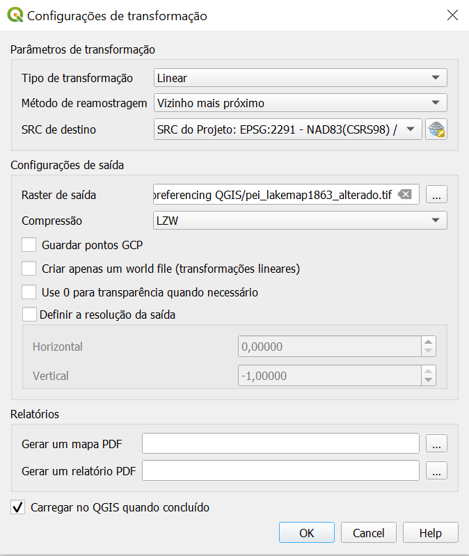 Imagem da janela de configurações da transformação