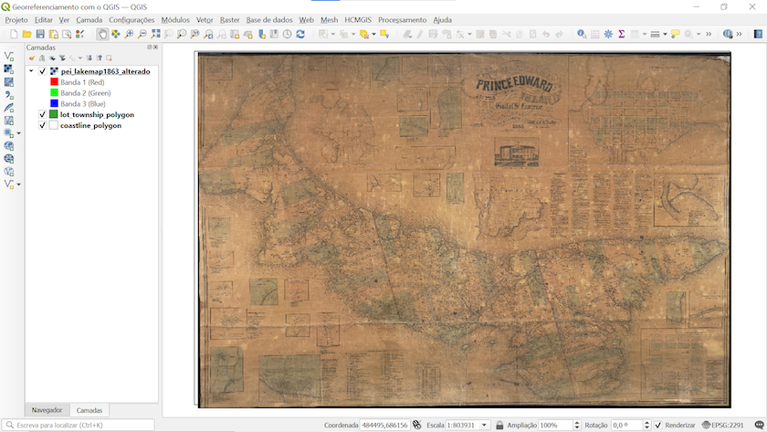 Imagem da área de trabalho do QGIS com o raster resultante do processo de georreferenciamento