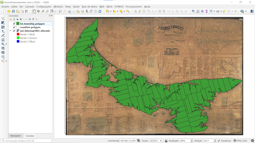 Imagem da área de trabalho do QGIS com o shapefile dos polígonos por cima do raster