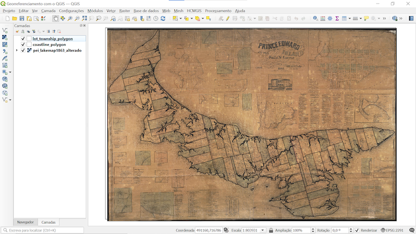 Imagem da área de trabalho do QGIS com o shapefile dos polígonos transparentes por cima do raster