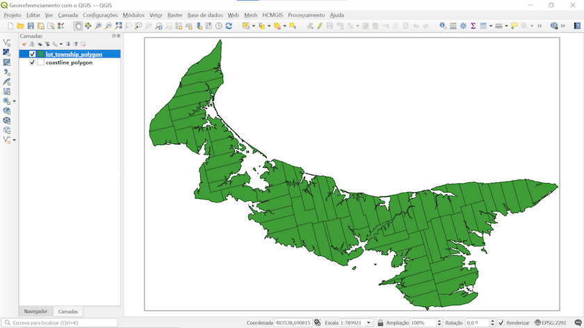 Imagem da área de trabalho do QGIS com os shapefiles incluídos