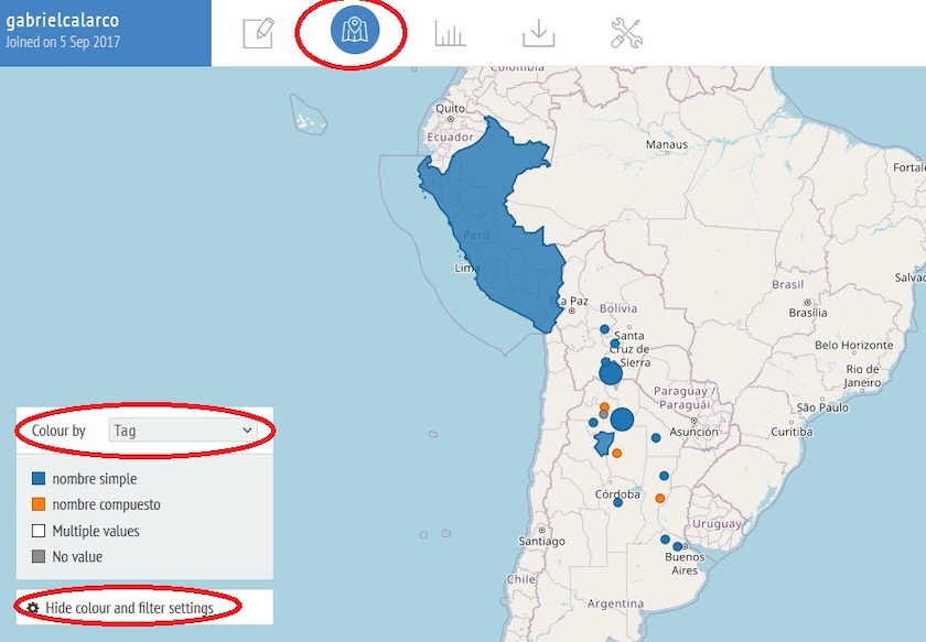 Visualización en el mapa de los lugares marcados en Recogito