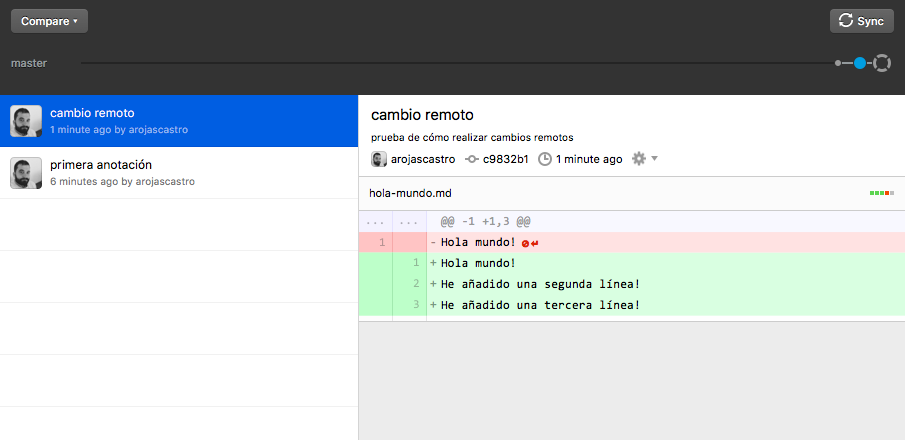 El documento con los cambios remotos