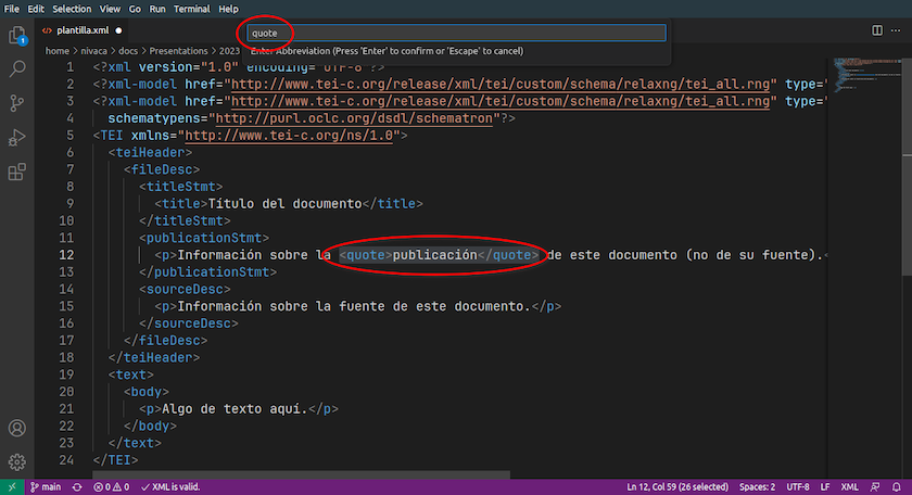Introducir automáticamente un elemento XML en VS Code