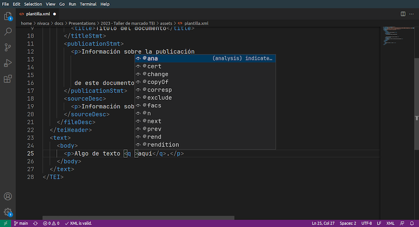 Menú de autocompleción de código de XML en VS Code