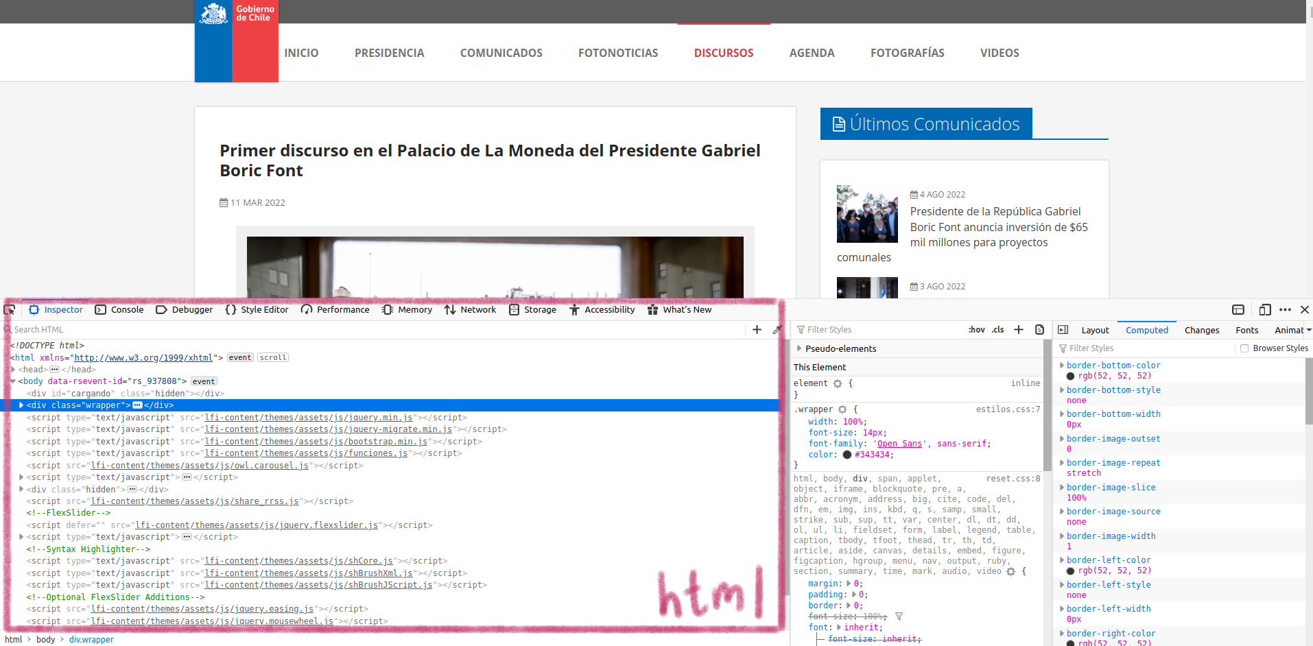 Captura de pantalla del sitio web en que estamos trabajando, una vez que se abre el panel de desarrollo. Este aparece en la parte inferior de la página y consta de tres subpáneles. En la captura de pantalla está destacado el de la izquierda, que es el que contiene el código html