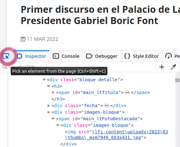 Captura de pantalla de la esquina superior izquierda del panel de desarrollo. En ella se muestra el ícono de la opción para hacer clic sobre elementos de la página para que se destaquen en el código. Bajo el ícono aparece un recuadro con el control abreviado de teclado para activar esta opción, que es Ctrl+Shift+C