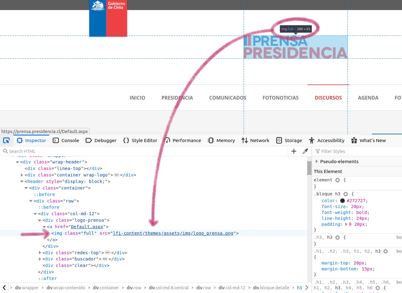 Captura de pantalla de la página web con el panel de desarrollo activado. Al pasar el cursor sobre la imagen que dice 'Prensa Presidencia' se activa la línea que corresponde al elemento img. Además, sobre la imagen en la página aparece un recuadro con el elemento y su clase.