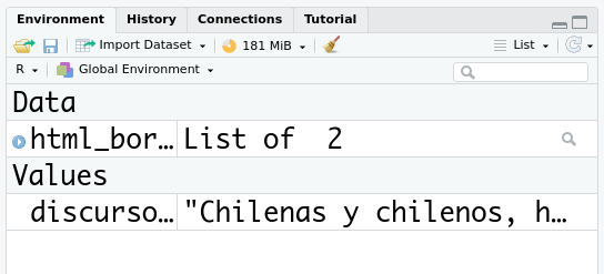 Captura de pantalla del panel 'Environment' en RStudio, al que ahora se ha agregado el objeto 'discurso_boric'