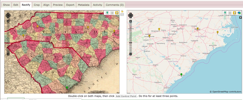 Screenshot of the Rectify tab of Map Warper's interface, displaying a historical map on the left alongside a contemporary map on the right. The two maps delineate the same geographical region, at roughly the same scale. The two maps are marked with a set of closely-matching marker points.