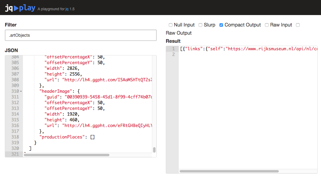 When jq returns just one JSON object, the 'Compact Output' option will produce a one-line result.