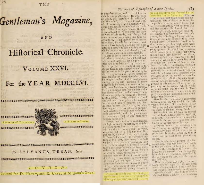 Two scanned pages of English text with a yellowed background. The text features archaic characters such as the long 's'. The first page is a title page and the second contains two columns of text.