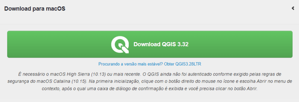 Secção de download no site do QGIS, que permite baixar o software para macOS.