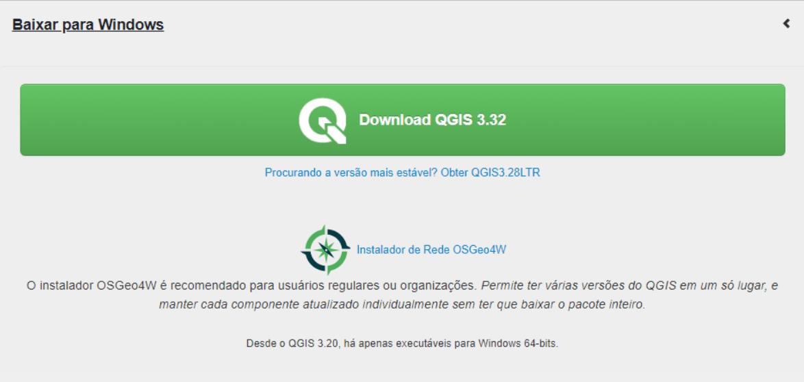 Secção de download no site do QGIS, que permite baixar o software para Windows.