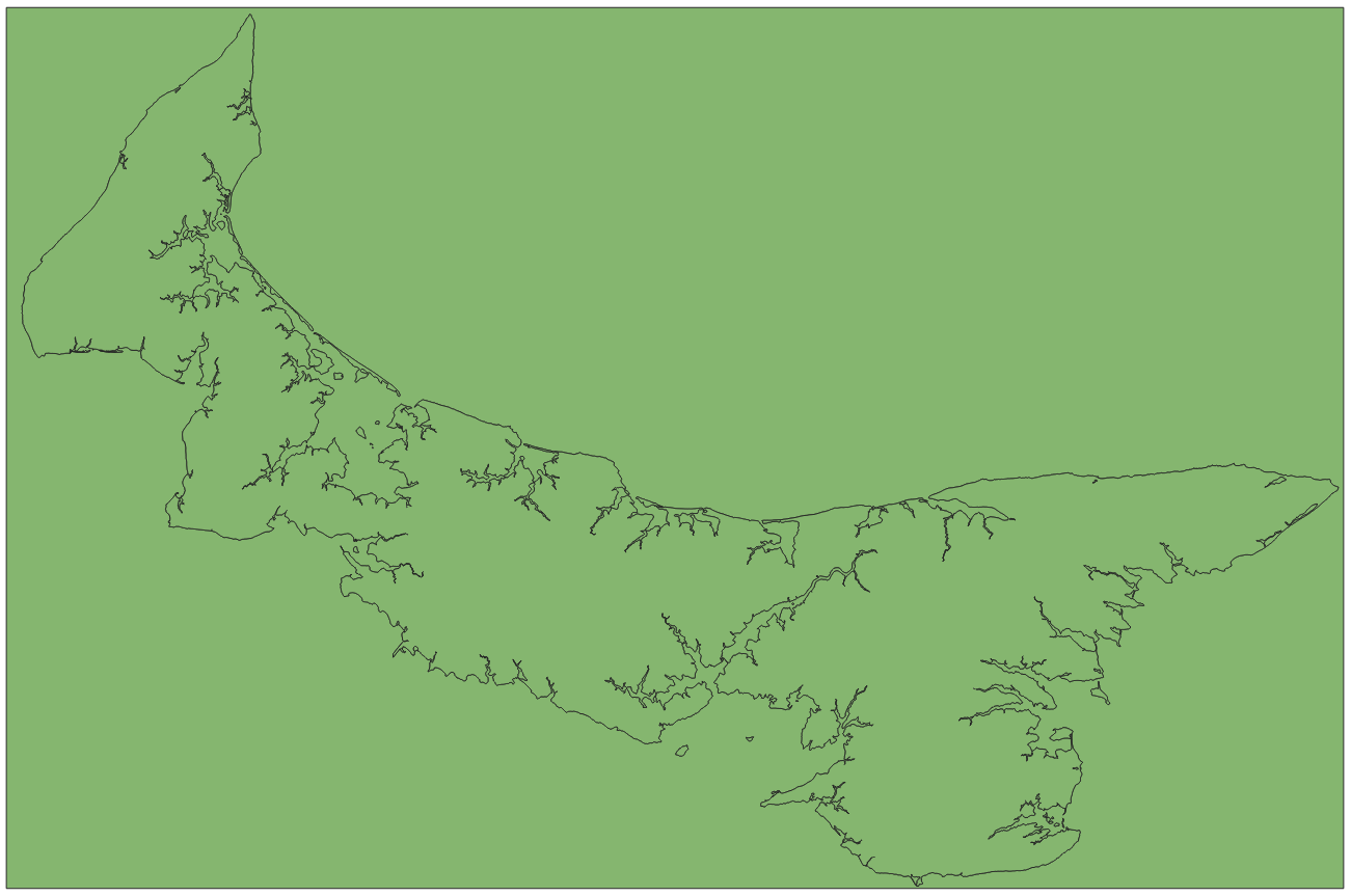 Mapa com fundo verde, que representa o contorno da costa da Ilha de Prince Edward.