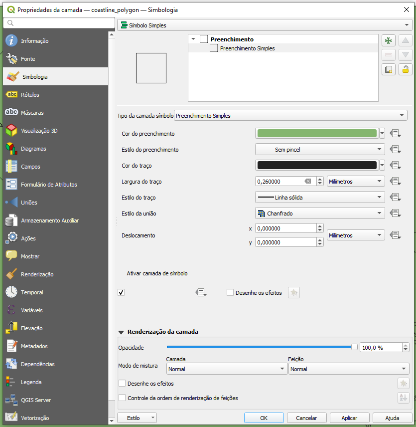 Janela das Propriedades do Projeto, na secção Simbologia, para personalização da camada coastline_polygon.