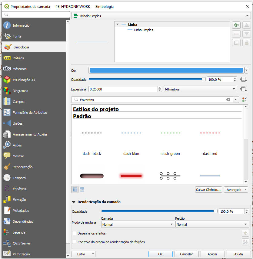 Janela das Propriedades do Projeto, na secção Simbologia, para personalização da camada PEI HYDRONETWORK.