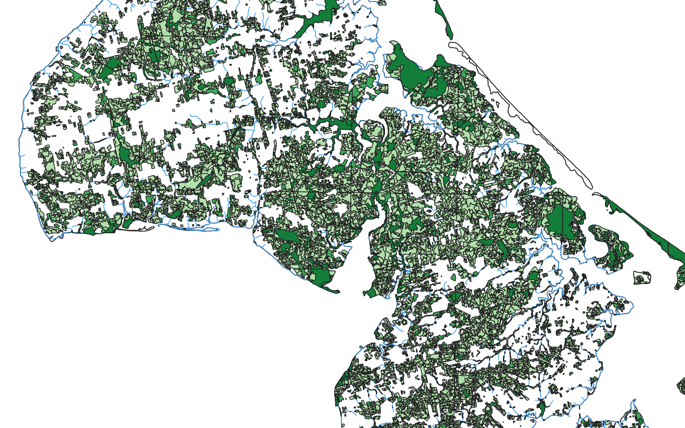 Um mapa da parte oeste da Ilha de Prince Edward, com as linhas azuis do mapa hidrográfico e o novo gradiente de cores, ilustrando o uso do solo na ilha.