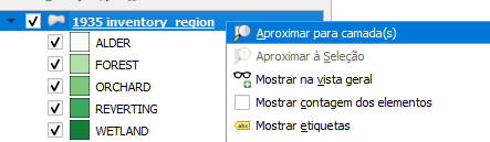 Menu de opções da camada '1935 inventory_region', com a opção Aproximar para camada(s) selecionada.